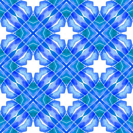 Hand painted tiled watercolor border. Blue flawless boho chic summer design. Textile ready eminent...