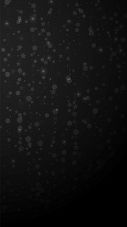 Magic stars sparse Christmas background. Subtle flying snow flakes and stars on black background. Alive winter silver snowflake overlay template. Brilliant vertical illustration.のイラスト素材