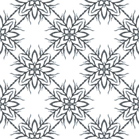Textile ready symmetrical print, swimwear fabric, wallpaper, wrapping. Black and white indelible boho chic summer design. Watercolor summer ethnic border pattern. Ethnic hand painted pattern.の写真素材