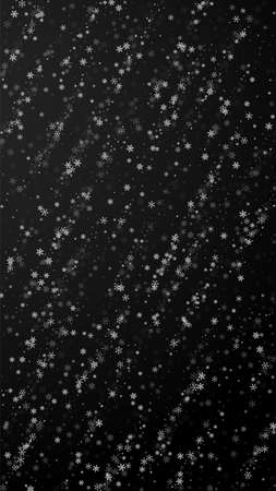 Beautiful snowfall Christmas background. Subtle flying snow flakes and stars on black background. Amazing winter silver snowflake overlay template. Alluring vertical illustration.の写真素材