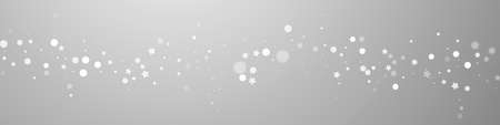 Magic stars random Christmas background. Subtle flying snow flakes and stars on grey background. Breathtaking winter silver snowflake overlay template. Amazing panoramic illustration.のイラスト素材