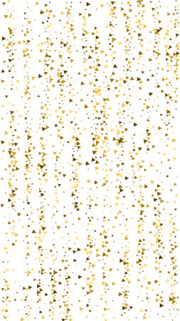 Gold triangles luxury sparkling confetti. Scattered small gold particles on white background. Elegant festive overlay template. Glamorous vector background.のイラスト素材