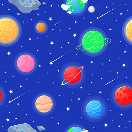 Cosmic fabric for kids. Astronaut with rocket and alien in the open space Cute design for kids fabric and wrapping paper. Flat cartoon style funny cosmic fabric.のイラスト素材