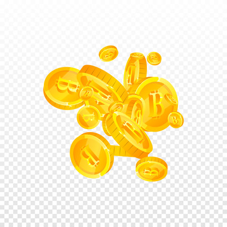Bitcoin, internet currency coins falling. Positive scattered BTC coins. Cryptocurrency, digital money. Awesome jackpot, wealth or success concept. Vector illustration.のイラスト素材
