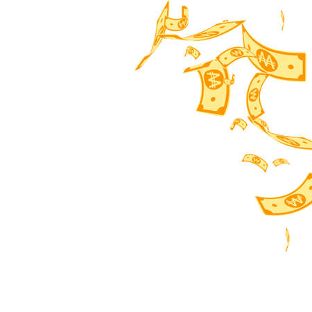 Korean won notes falling. Random WON bills on white background. Korea money. Delicate vector illustration. Stunning jackpot, wealth or success concept.のイラスト素材