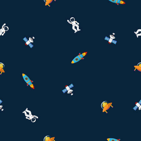 Flat cartoon style funny planet pattern. Astronaut with rocket and alien in the open space Cute...