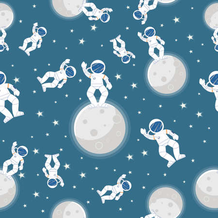 Space pattern with planets and stars. Astronaut with rocket and alien in the open space Cute design for kids fabric and wrapping paper. Flat cartoon style space pattern.のイラスト素材
