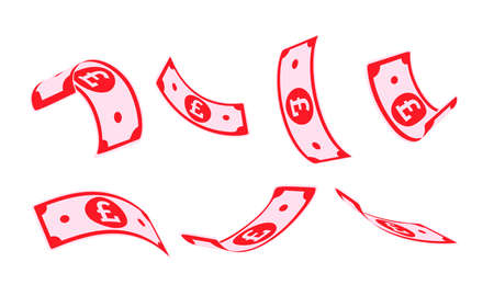 British pound falling set, animation ready. GBP paper notes flying in the air. United Kingdom money in seven different positions isolated on white background. Cartoon vector illustration.のイラスト素材