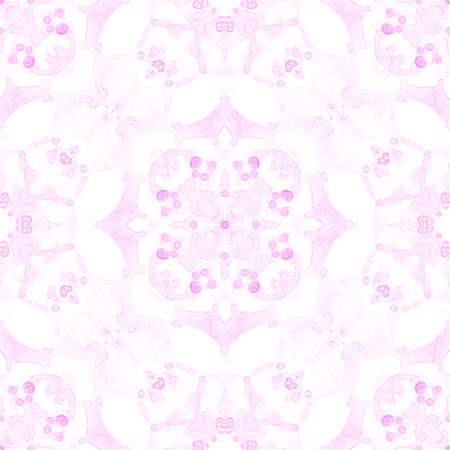 Pink seamless pattern. Artistic delicate soap bubbles. Lace hand drawn textile ornament. Kaleidoscope mandala lingerie print. Marvelous abstract watercolor background.の写真素材