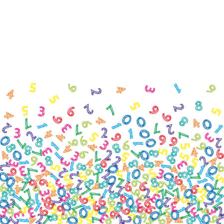 Falling colorful sketch numbers. Math study concept with flying digits. Enchanting back to school mathematics banner on white background. Falling numbers vector illustration.のイラスト素材