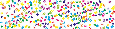 Falling letters of English language. Colorful flying words of Latin alphabet. Foreign languages study concept. Unusual back to school banner on white background.のイラスト素材