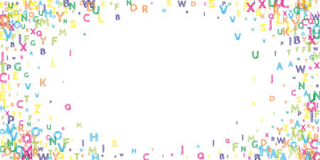 Falling letters of English language. Bright handdrawn flying words of Latin alphabet. Foreign languages study concept. Fetching back to school banner on white background.のイラスト素材