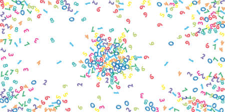 Falling colorful sketch numbers. Math study concept with flying digits. Symmetrical back to school mathematics banner on white background. Falling numbers vector illustration.のイラスト素材