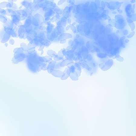 Dark blue flower petals falling down. Incredible romantic flowers semicircle. Flying petal on blue sky square background. Love, romance concept. Cool wedding invitation.のイラスト素材