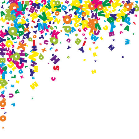 Falling letters of English language. Bright flying words of Latin alphabet. Foreign languages study concept. Fair back to school banner on white background.のイラスト素材