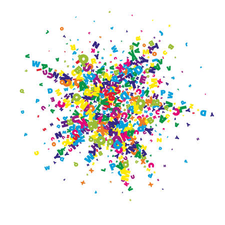 Falling letters of English language. Vivid flying words of Latin alphabet. Foreign languages study concept. Authentic back to school banner on white background.のイラスト素材