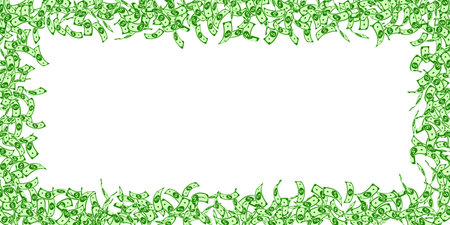 American dollar notes falling. Small USD bills on white background. USA money. Curious vector illustration. Valuable jackpot, wealth or success concept.のイラスト素材