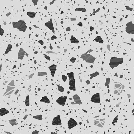 Terrazzo seamless pattern. Black and white classic flooring texture. Charming background made of natural stones, granite, quartz, marble, and concrete. Impressive seamless terrazzo.のイラスト素材