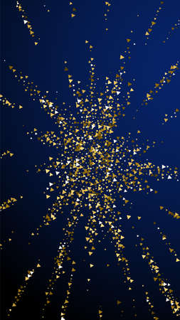 Gold triangles luxury sparkling confetti. Scattered small gold particles on dark blue background....