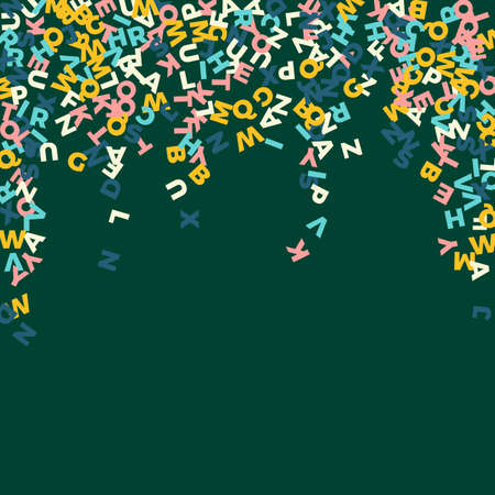 Falling letters of English language. Pastel flying words of Latin alphabet. Foreign languages study concept. Unequaled back to school banner on blackboard background.のイラスト素材