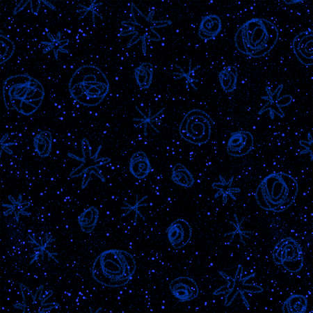 Hand Drawn blue Snowflakes Christmas Seamless Pattern. Subtle Flying Snow Flakes on black...