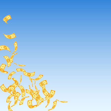 Korean won notes falling. Sparse WON bills on blue sky background. Korea money. Dazzling vector illustration. Classic jackpot, wealth or success concept.のイラスト素材