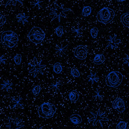 Hand Drawn blue Snowflakes Christmas Seamless Pattern. Subtle Flying Snow Flakes on dark blue Background. Classy chalk handdrawn snow overlay. Uncommon holiday season decoration.の写真素材