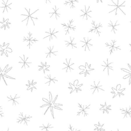 Hand Drawn grey Snowflakes Christmas Seamless Pattern. Subtle Flying Snow Flakes on white Background. Decent chalk handdrawn snow overlay. Interesting holiday season decoration.の写真素材