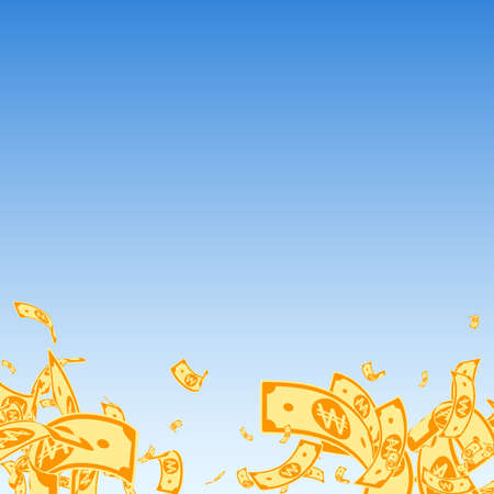 Korean won notes falling. Messy WON bills on blue sky background. Korea money. Cute vector illustration. Divine jackpot, wealth or success concept.のイラスト素材
