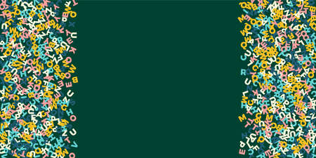 Falling letters of English language. Pastel flying words of Latin alphabet. Foreign languages study concept. Stunning back to school banner on blackboard background.のイラスト素材