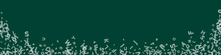 Falling letters of English language. Chalk handdrawn flying words of Latin alphabet. Foreign languages study concept. Bewitching back to school banner on blackboard background.のイラスト素材