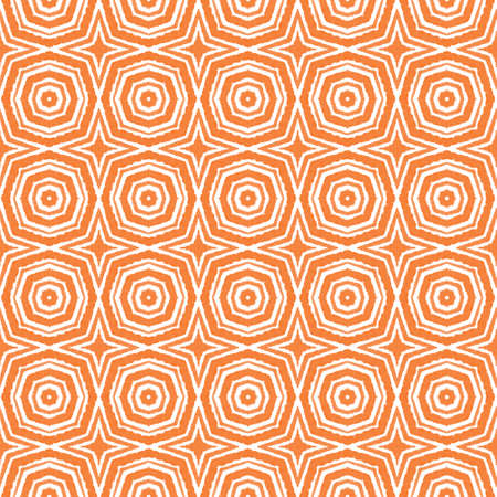 Medallion seamless pattern. Orange symmetrical kaleidoscope background. Watercolor medallion...
