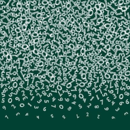 Falling sketch chalk numbers. Math study concept with flying digits. Immaculate back to school mathematics banner on blackboard background. Falling numbers vector illustration.のイラスト素材