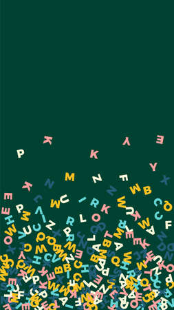 Falling letters of English language. Pastel flying words of Latin alphabet. Foreign languages study concept. Fascinating back to school banner on blackboard background.のイラスト素材