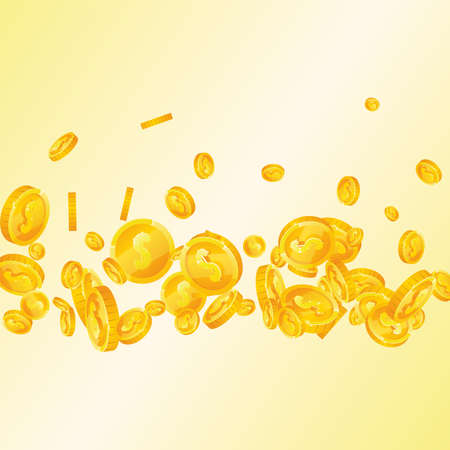 American dollar coins falling. Exquisite scattered USD coins. USA money. Extraordinary jackpot, wealth or success concept. Vector illustration.のイラスト素材