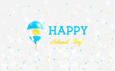 Argentina National Day patriotic poster. Flying Rubber Balloon in Colors of the Argentinean Flag. Argentina National Day background with Balloon, Confetti, Stars, Bokeh and Sparkles.のイラスト素材