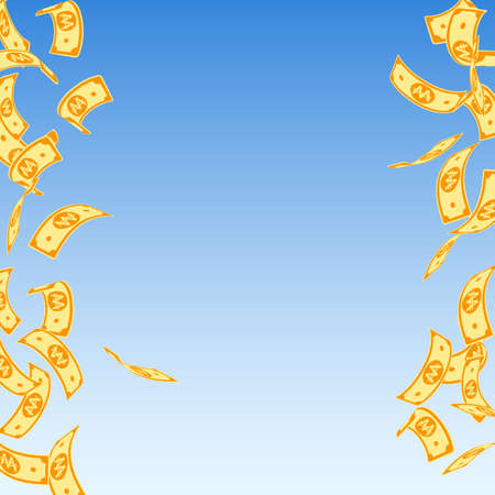 Korean won notes falling. Floating WON bills on blue sky background. Korea money. Dazzling vector illustration. Nice jackpot, wealth or success concept.のイラスト素材