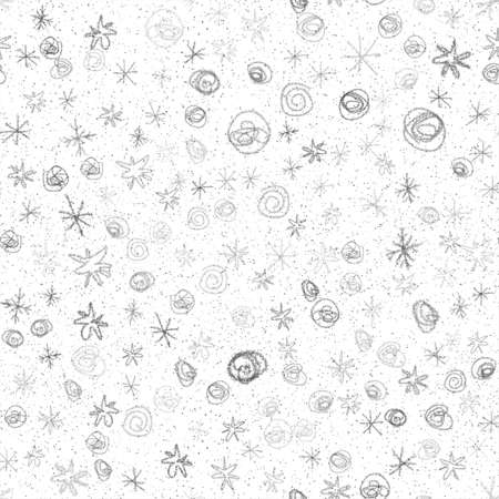 Hand Drawn Snowflakes Christmas Seamless Pattern. Subtle Flying Snow Flakes on chalk snowflakes Background. Amusing chalk handdrawn snow overlay. Emotional holiday season decoration.の写真素材
