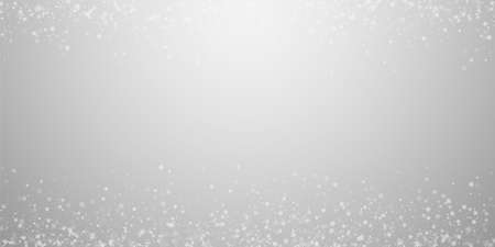 Beautiful snowfall Christmas background. Subtle flying snow flakes and stars on light grey background. Amusing winter silver snowflake overlay template. Positive vector illustration.のイラスト素材