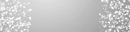 Magic stars sparse Christmas background. Subtle flying snow flakes and stars on grey background. Bizarre winter silver snowflake overlay template. Positive panoramic illustration.のイラスト素材