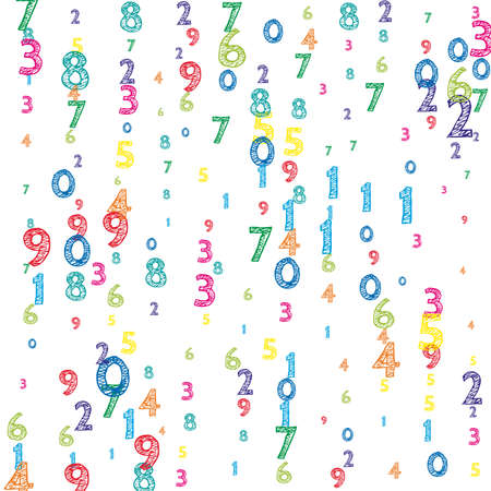 Falling colorful orderly numbers. Math study concept with flying digits. Original back to school mathematics banner on white background. Falling numbers vector illustration.のイラスト素材