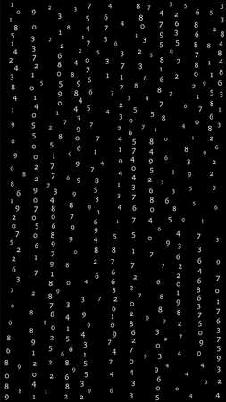 Falling numbers, big data concept. Binary white orderly flying digits. Ecstatic futuristic banner on black background. Digital vector illustration with falling numbers.のイラスト素材