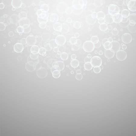 Random soap bubbles abstract background. Blowing bubbles on light grey background. Bold soapy foam overlay template. Popular vector illustration.のイラスト素材