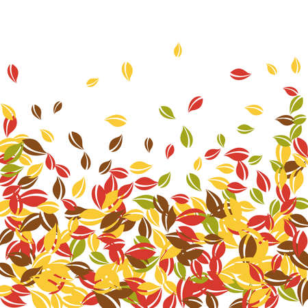 Falling autumn leaves. Red, yellow, green, brown chaotic leaves flying. Falling rain colorful foliage on magnetic white background. Breathtaking back to school sale.のイラスト素材