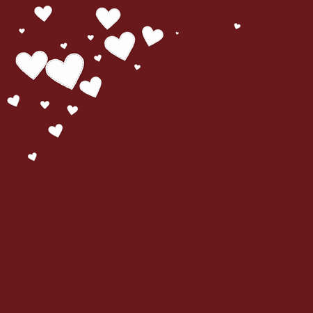 White heart love confettis. Valentine's day corner bewitching background. Falling stitched paper hearts confetti on maroon background. Emotional vector illustration.のイラスト素材
