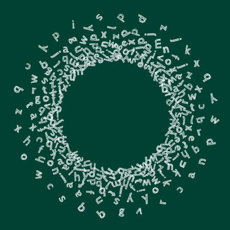 Falling letters of English language. Childish chalk flying words of Latin alphabet. Foreign languages study concept. Memorable back to school banner on blackboard background.のイラスト素材