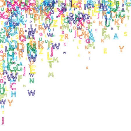 Falling letters of English language. Bright handdrawn flying words of Latin alphabet. Foreign languages study concept. Fancy back to school banner on white background.のイラスト素材