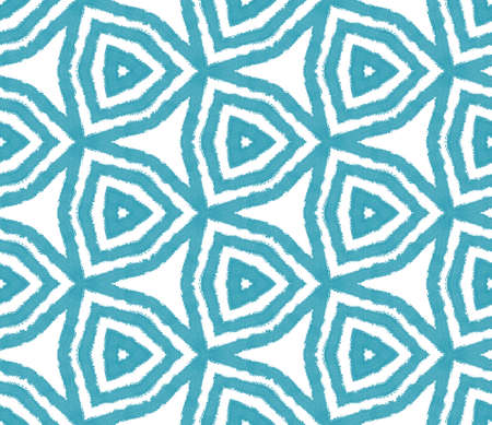 Ikat repeating swimwear design. Turquoise symmetrical kaleidoscope background. Summer ikat sweamwear pattern. Textile ready neat print, swimwear fabric, wallpaper, wrapping.の写真素材