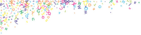 Falling letters of English language. Colorful messy sketch flying words of Latin alphabet. Foreign languages study concept. Stylish back to school banner on white background.のイラスト素材