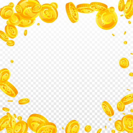 European Union Euro coins falling. Scattered gold EUR coins. Europe money. Jackpot wealth or success concept. Square vector illustration.のイラスト素材
